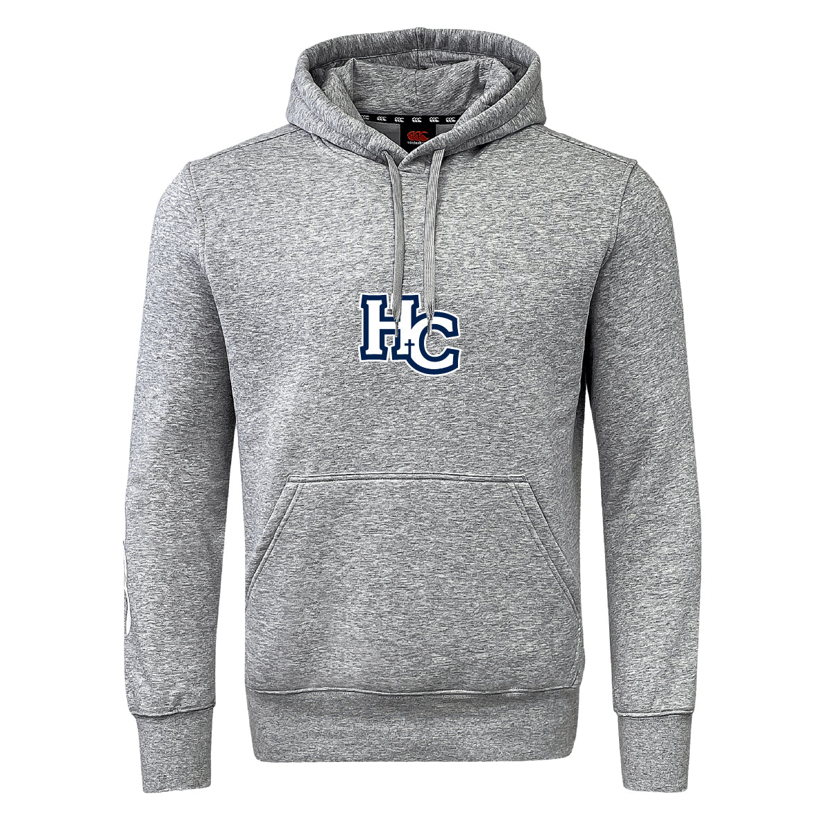 The Holy Cross Club Hoodie by Canterbury from WRS Canterbury features a gray classic rugby hoodie style with a front pocket and a blue and white "HC" logo on the chest.