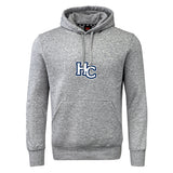 The Holy Cross Club Hoodie by Canterbury from WRS Canterbury features a gray classic rugby hoodie style with a front pocket and a blue and white "HC" logo on the chest.