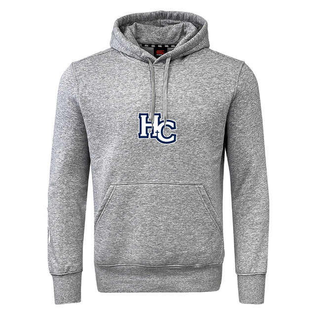The Holy Cross Club Hoodie by Canterbury from WRS Canterbury features a gray classic rugby hoodie style with a front pocket and a blue and white "HC" logo on the chest.