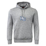 The Holy Cross Club Hoodie by Canterbury from WRS Canterbury features a gray classic rugby hoodie style with a front pocket and a blue and white "HC" logo on the chest.