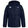 The EMB Canterbury Holy Cross Club Vaposhield Full Zip Rain Jacket is navy blue, water resistant, and features a front zipper, Canterbury logo on the right chest, and "HC" emblem on the left chest.