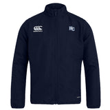 The Holy Cross Club Track Jacket by EMB Canterbury features a zip front, "Canterbury" logo on the right chest, and "HC" emblem on the left. This lightweight navy jacket is ideal for everyday wear.