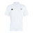 The Holy Cross Waimak Polo by EMB Canterbury is a white short-sleeve rugby polo with a collar, featuring the black Canterbury logo on the right chest and a blue "HC" logo on the left chest.