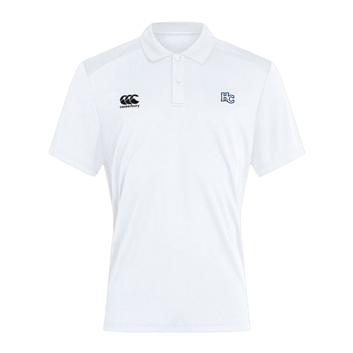 The Holy Cross Waimak Polo by EMB Canterbury is a white short-sleeve rugby polo with a collar, featuring the black Canterbury logo on the right chest and a blue "HC" logo on the left chest.