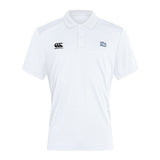 The Holy Cross Waimak Polo by EMB Canterbury is a white short-sleeve rugby polo with a collar, featuring the black Canterbury logo on the right chest and a blue "HC" logo on the left chest.