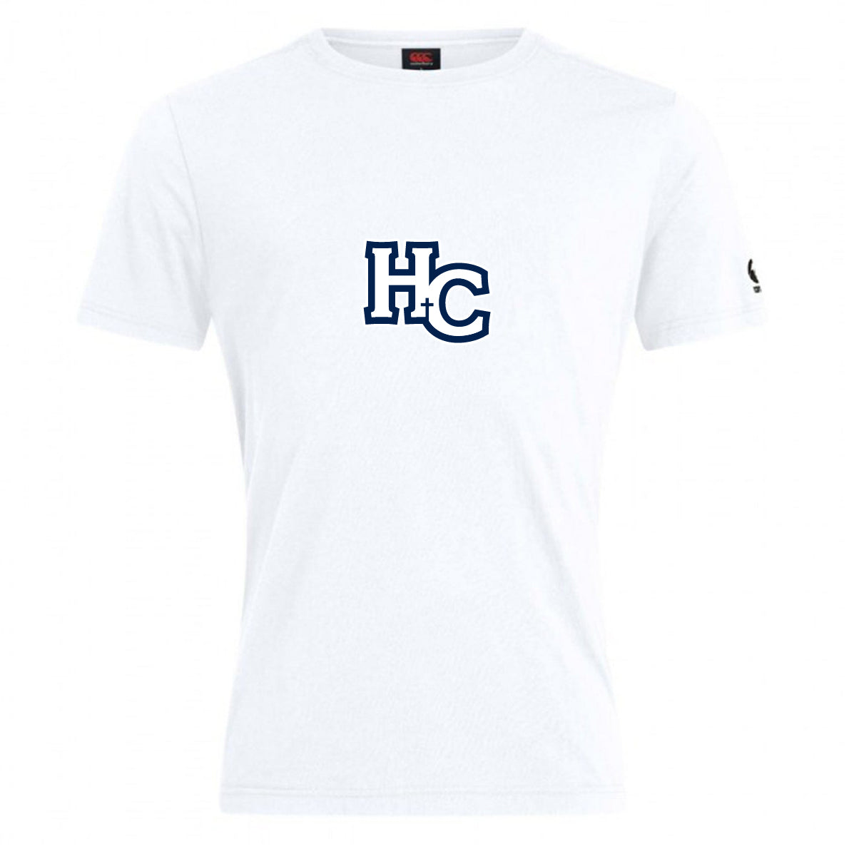 The Holy Cross Club Plain Tee by Canterbury from WRS Canterbury features bold navy "HC" on the chest and a small black logo on the left sleeve—a stylish, customizable cotton blend t-shirt for any occasion.