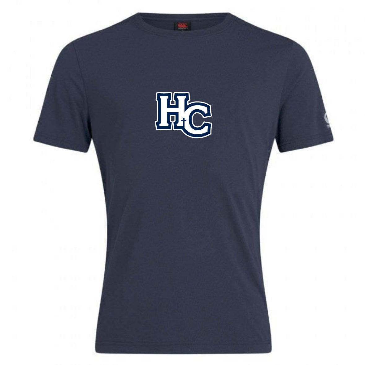 The Holy Cross Club Plain Tee by WRS Canterbury is a navy blue cotton blend t-shirt with "HC" in white and blue outlined font centered on the chest.