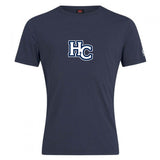 The Holy Cross Club Plain Tee by WRS Canterbury is a navy blue cotton blend t-shirt with "HC" in white and blue outlined font centered on the chest.