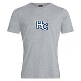 The Holy Cross Club Plain Tee by Canterbury from WRS Canterbury is a grey cotton blend short-sleeve shirt featuring a large blue "HC" logo with white and navy outline on the chest, offering customizable classic comfort and style.