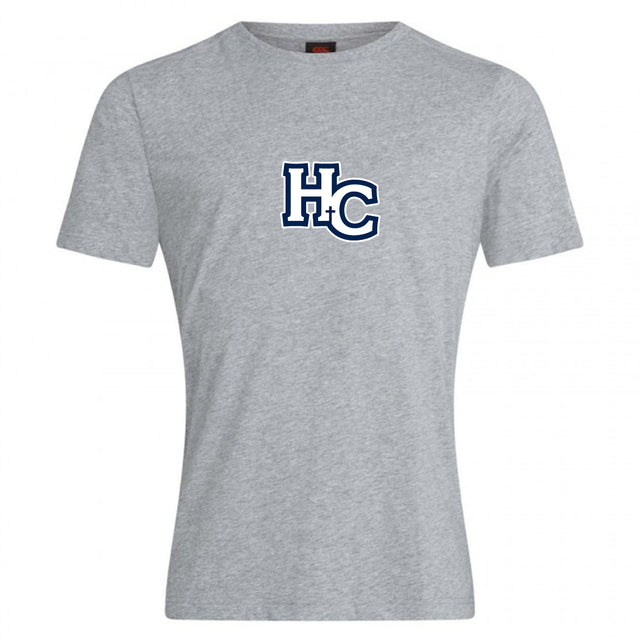 The Holy Cross Club Plain Tee by Canterbury from WRS Canterbury is a grey cotton blend short-sleeve shirt featuring a large blue "HC" logo with white and navy outline on the chest, offering customizable classic comfort and style.