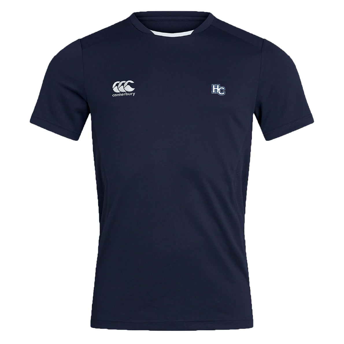 The Holy Cross Club Dry Tee by EMB Canterbury is a navy blue short-sleeve shirt with a white "Canterbury" logo on the right chest, "HC" initials on the left, and Vapodri Technology for breathability during workouts.
