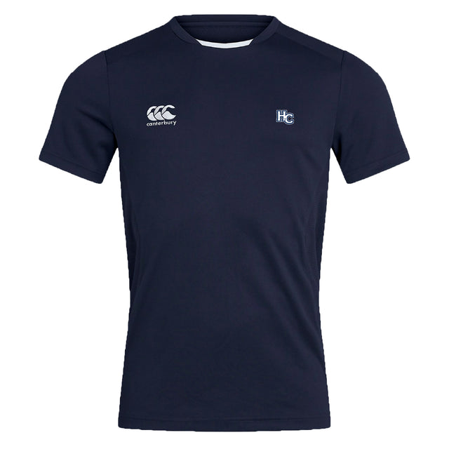 The Holy Cross Club Dry Tee by EMB Canterbury is a navy blue short-sleeve shirt with a white "Canterbury" logo on the right chest, "HC" initials on the left, and Vapodri Technology for breathability during workouts.