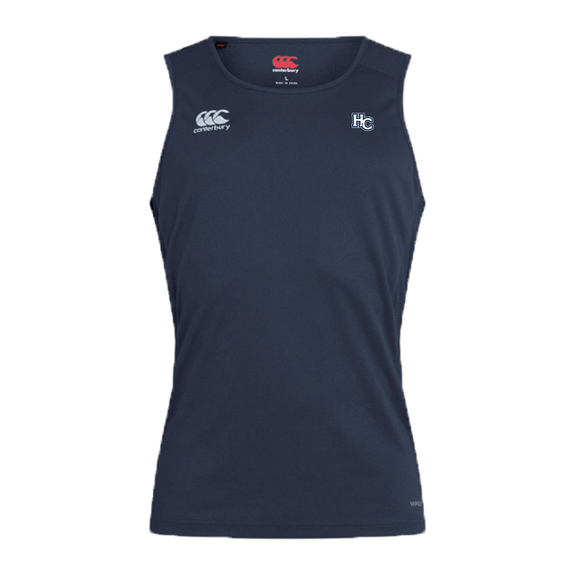 The Holy Cross Club Dry Singlet by EMB Canterbury is a sleeveless navy athletic top featuring small white “CCC” and “HC” chest logos, ideal for high-performance workouts.