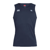 The Holy Cross Club Dry Singlet by EMB Canterbury is a sleeveless navy athletic top featuring small white “CCC” and “HC” chest logos, ideal for high-performance workouts.