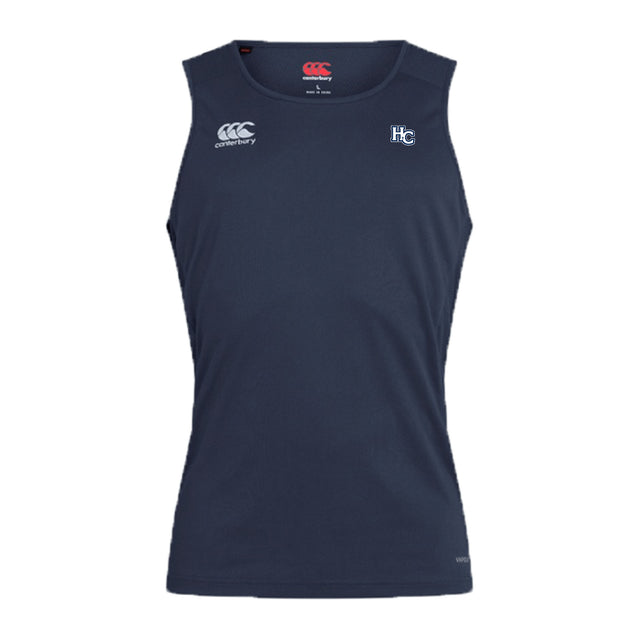 The Holy Cross Club Dry Singlet by EMB Canterbury is a sleeveless navy athletic top featuring small white “CCC” and “HC” chest logos, ideal for high-performance workouts.