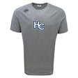 The Holy Cross Tempo Vapodri T-Shirt by WRS Canterbury is a gray short-sleeve tee with a blue and white "HC" chest logo and Canterbury branding. Vapodri fabric wicks moisture to keep you cool and comfortable.