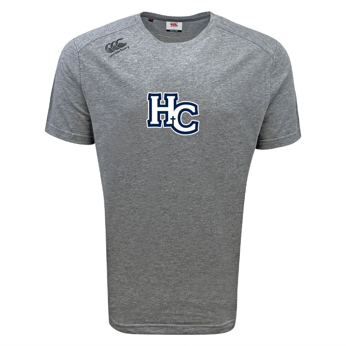 The Holy Cross Tempo Vapodri T-Shirt by WRS Canterbury is a gray short-sleeve tee with a blue and white "HC" chest logo and Canterbury branding. Vapodri fabric wicks moisture to keep you cool and comfortable.