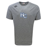 The Holy Cross Tempo Vapodri T-Shirt by WRS Canterbury is a gray short-sleeve tee with a blue and white "HC" chest logo and Canterbury branding. Vapodri fabric wicks moisture to keep you cool and comfortable.