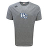 The Holy Cross Tempo Vapodri T-Shirt by WRS Canterbury is a gray short-sleeve tee with a blue and white "HC" chest logo and Canterbury branding. Vapodri fabric wicks moisture to keep you cool and comfortable.