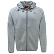 The Holy Cross Tempo Vapodri Full-Zip Hoodie by EMB Canterbury features a light gray design with a hood, drawstrings, two embroidered chest logos, and moisture-wicking fabric, shown against a white background.
