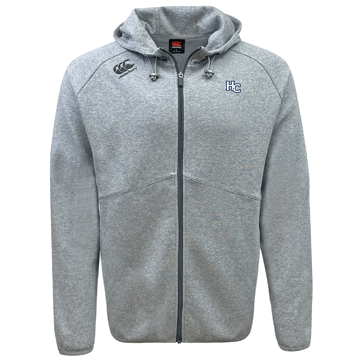 The Holy Cross Tempo Vapodri Full-Zip Hoodie by EMB Canterbury features a light gray design with a hood, drawstrings, two embroidered chest logos, and moisture-wicking fabric, shown against a white background.