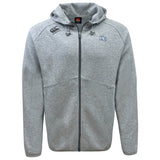 The Holy Cross Tempo Vapodri Full-Zip Hoodie by EMB Canterbury features a light gray design with a hood, drawstrings, two embroidered chest logos, and moisture-wicking fabric, shown against a white background.