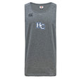 The Holy Cross Tempo Vapodri Singlet by WRS Canterbury is a sleeveless gray athletic tank top featuring VapoDri tech, the Canterbury logo on the right shoulder, and "HC" in blue and white on the chest.