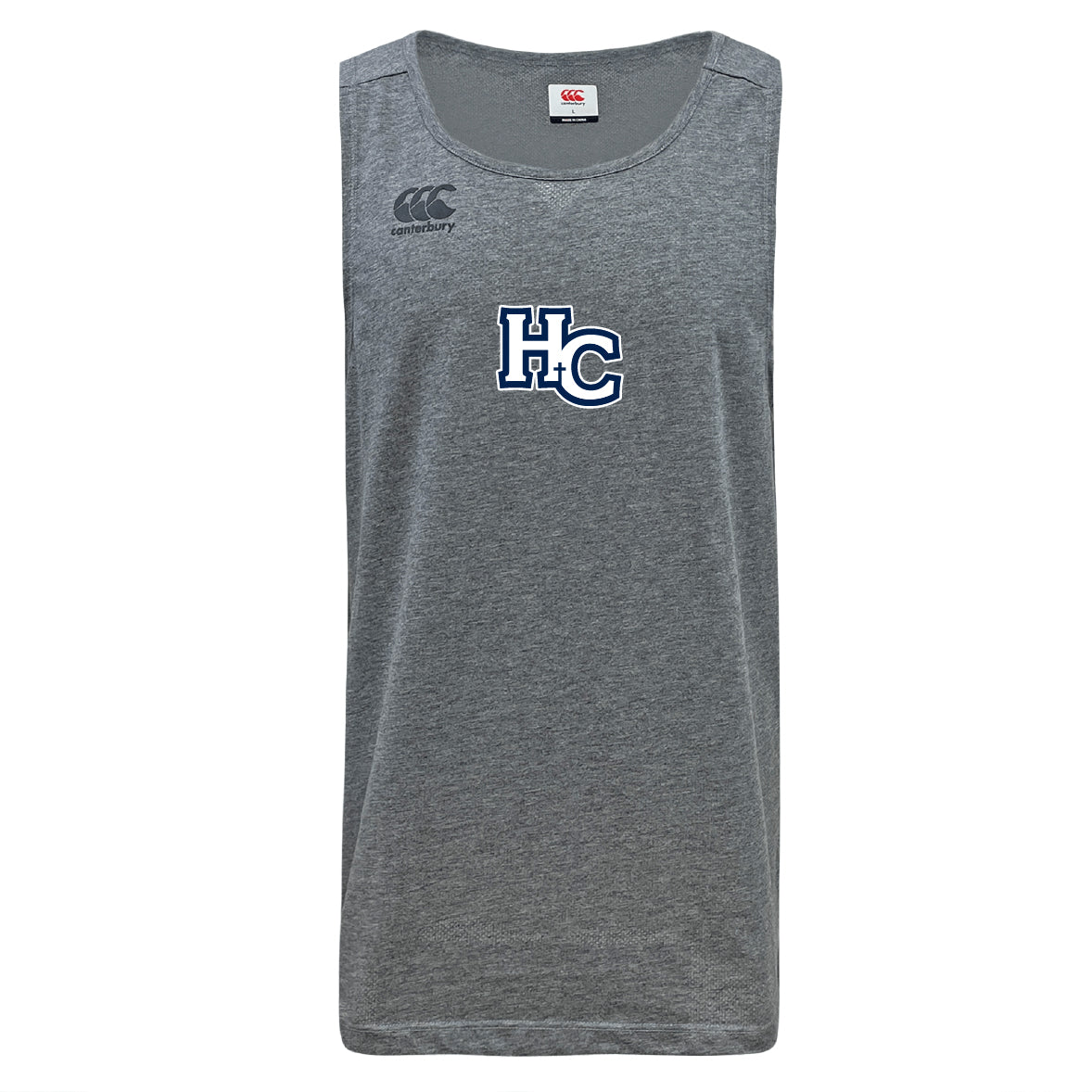 The Holy Cross Tempo Vapodri Singlet by WRS Canterbury is a sleeveless gray athletic tank top featuring VapoDri tech, the Canterbury logo on the right shoulder, and "HC" in blue and white on the chest.