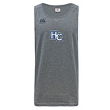 The Holy Cross Tempo Vapodri Singlet by WRS Canterbury is a sleeveless gray athletic tank top featuring VapoDri tech, the Canterbury logo on the right shoulder, and "HC" in blue and white on the chest.