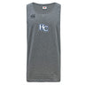 The Holy Cross Tempo Vapodri Singlet by WRS Canterbury is a sleeveless gray athletic tank top featuring VapoDri tech, the Canterbury logo on the right shoulder, and "HC" in blue and white on the chest.