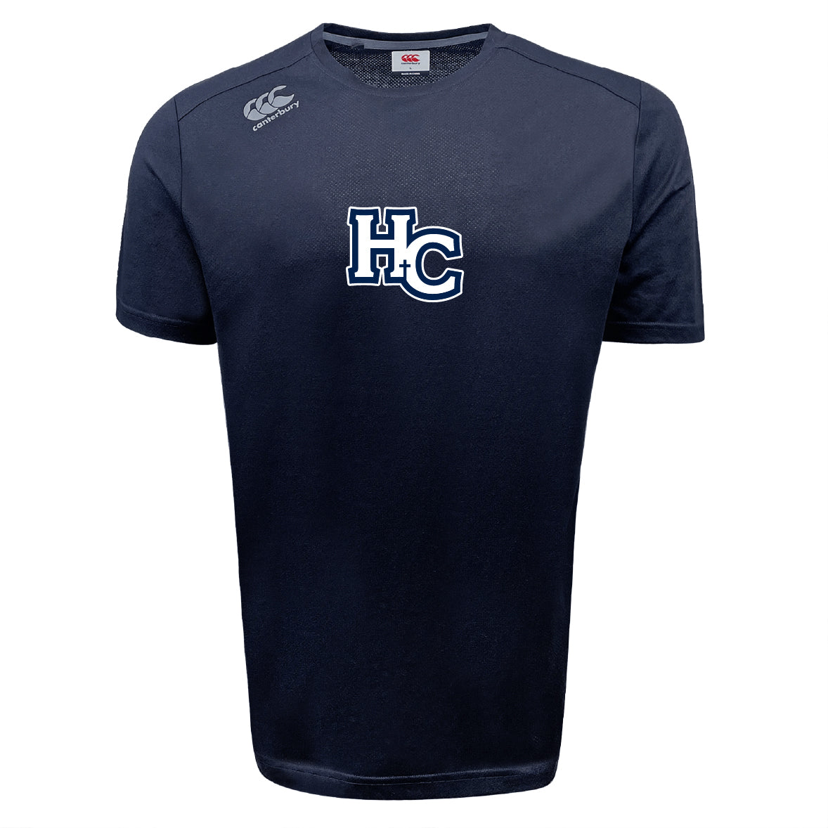 The Holy Cross Tempo Vapodri T-Shirt by WRS Canterbury is a navy blue sports tee with "HC" in white outlined in blue on the front and a Canterbury logo on the right shoulder, made from moisture-wicking fabric for comfort.