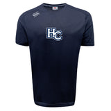 The Holy Cross Tempo Vapodri T-Shirt by WRS Canterbury is a navy blue sports tee with "HC" in white outlined in blue on the front and a Canterbury logo on the right shoulder, made from moisture-wicking fabric for comfort.