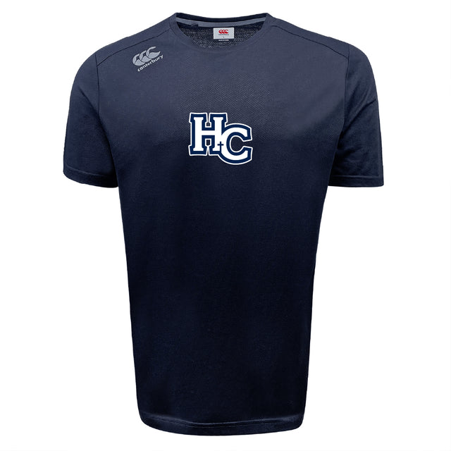 The Holy Cross Tempo Vapodri T-Shirt by WRS Canterbury is a navy blue sports tee with "HC" in white outlined in blue on the front and a Canterbury logo on the right shoulder, made from moisture-wicking fabric for comfort.