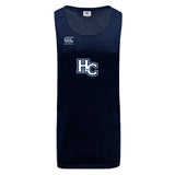 The Holy Cross Tempo Vapodri Singlet by WRS Canterbury is a navy blue athletic tank featuring the "HC" logo front and center, a Canterbury brand logo on the upper left chest, and made from recycled polyester.