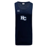 The Holy Cross Tempo Vapodri Singlet by WRS Canterbury is a navy blue athletic tank featuring the "HC" logo front and center, a Canterbury brand logo on the upper left chest, and made from recycled polyester.