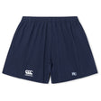 The Holy Cross Yokohama Short by EMB Canterbury features a navy blue design, elastic waistband, and "canterbury" and "HC" logos. Perfect for training, these durable shorts provide comfort on or off the field.
