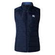 The Holy Cross Women's Elite Microlite Gilet by EMB Canterbury is a navy blue, sleeveless vest with a front zipper, "HC" chest logo, and Thermoreg bonded fleece for warmth and style.