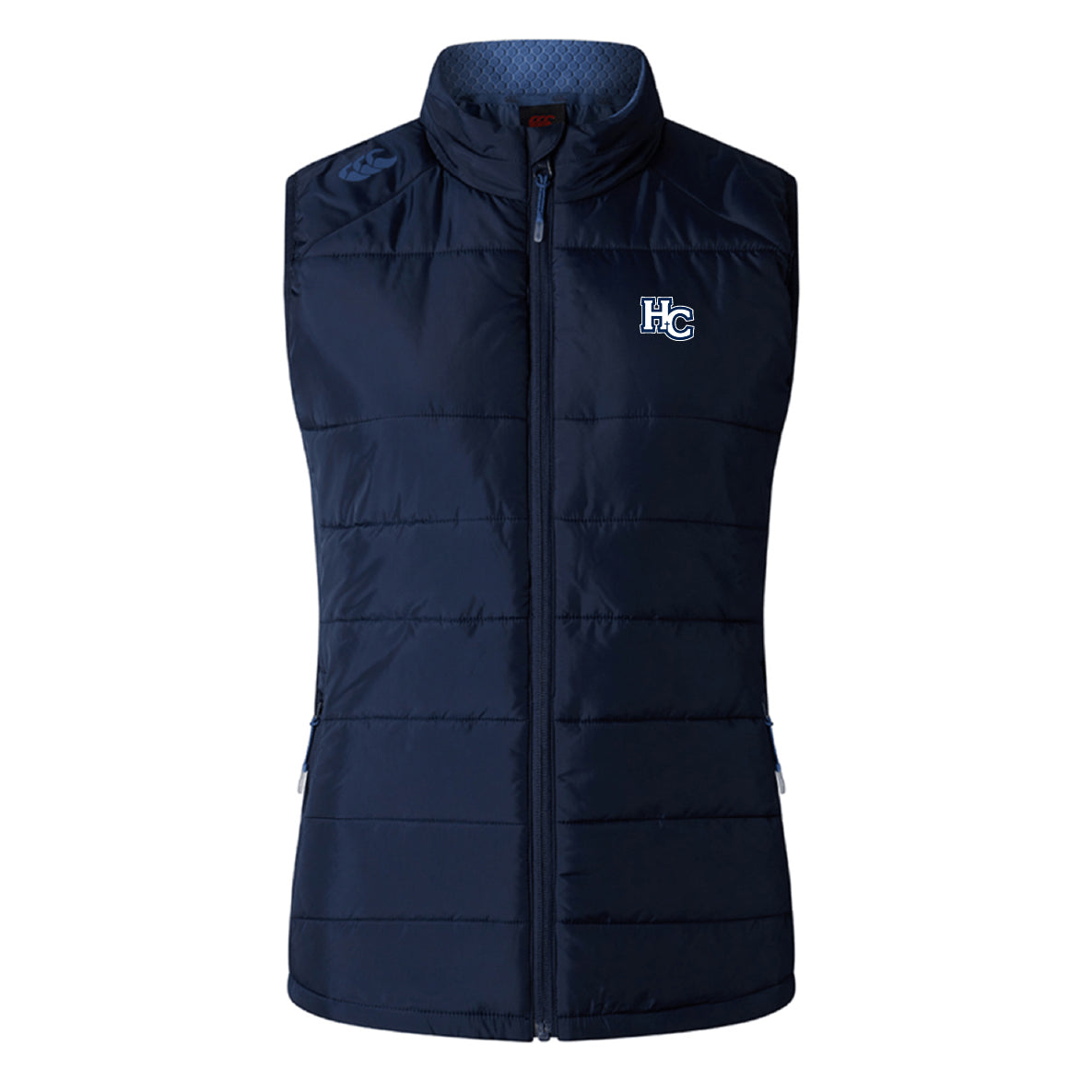 The Holy Cross Women's Elite Microlite Gilet by EMB Canterbury is a navy blue, sleeveless vest with a front zipper, "HC" chest logo, and Thermoreg bonded fleece for warmth and style.