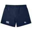 The Holy Cross Women's Yokohama Short by EMB Canterbury features navy blue fabric, a "Canterbury" logo on the left leg, and "HC" initials on the right—ideal for women's rugby or athletic wear in a classic Yokohama style.