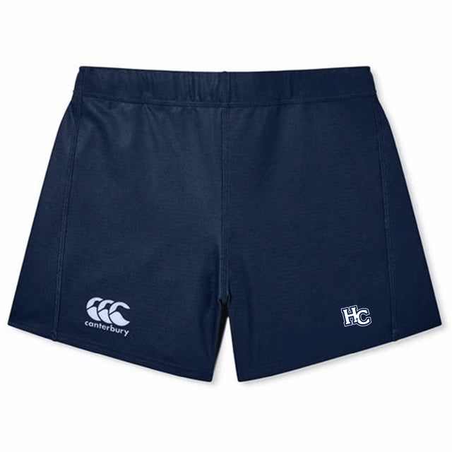 The Holy Cross Women's Yokohama Short by EMB Canterbury features navy blue fabric, a "Canterbury" logo on the left leg, and "HC" initials on the right—ideal for women's rugby or athletic wear in a classic Yokohama style.