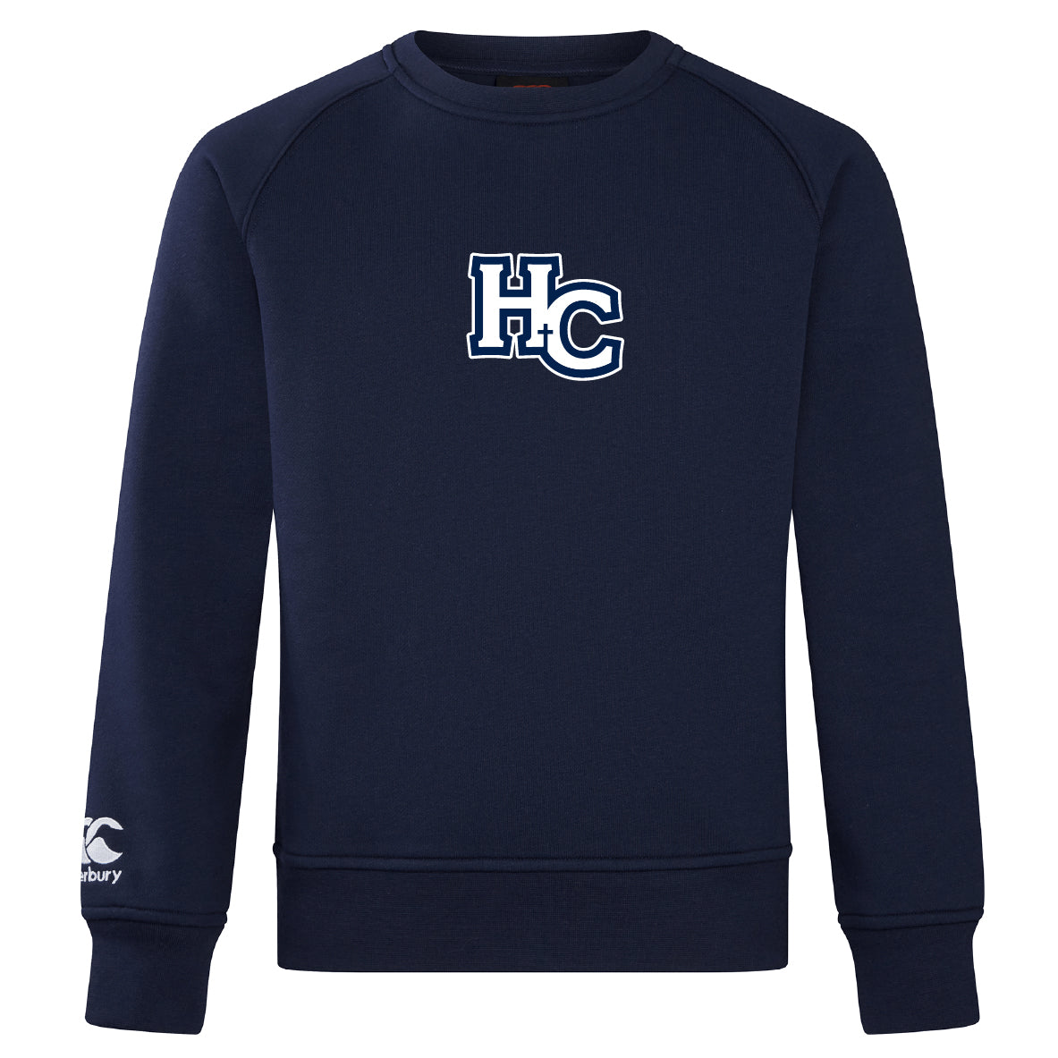 The Holy Cross Club Crew Sweatshirt by Canterbury from WRS Canterbury is a navy blue, ultra-soft sweatshirt with "HC" in white on the chest, embroidered CCC logo, and a small Canterbury logo on the left sleeve for classic comfort and style.