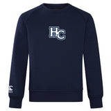 The Holy Cross Club Crew Sweatshirt by Canterbury from WRS Canterbury is a navy blue, ultra-soft sweatshirt with "HC" in white on the chest, embroidered CCC logo, and a small Canterbury logo on the left sleeve for classic comfort and style.