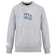 The Holy Cross Club Crew Sweatshirt by Canterbury is a light gray, ultra soft long-sleeve from WRS Canterbury, featuring a large navy and white "HC" logo on the chest and a small embroidered CCC logo on the left sleeve.