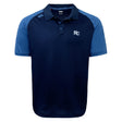 The Holy Cross Elite Polo by EMB Canterbury is lightweight and durable, in navy with light blue sleeves. It features Vapodri fabric, a collar, button placket, and an "HC" logo on the left chest.