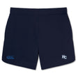 The Holy Cross Elite Woven Short by EMB Canterbury is a navy gym short with a small "HC" logo on the right leg, Canterbury logo on the left, and zippered pockets—ideal for training.