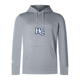 The Holy Cross Club Lightweight Hoodie by WRS Canterbury is a light gray sweatshirt with a front pocket, drawstrings, and a navy blue and white "HC" chest logo—ideal for Canterbury Club fans.