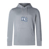 The Holy Cross Club Lightweight Hoodie by WRS Canterbury is a light gray sweatshirt with a front pocket, drawstrings, and a navy blue and white "HC" chest logo—ideal for Canterbury Club fans.