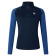 The Holy Cross Women's Elite First Layer by EMB Canterbury is a navy blue quarter-zip athletic top with lighter blue sleeves, VapoDri moisture control, and an "HC" logo—perfect for intense women's training.