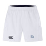 The EMB Canterbury Holy Cross Advantage Short 2.0 features white performance fabric, an elastic waistband, a black Canterbury logo on the left leg, and a blue and white "HC" logo on the right—ideal for athletes seeking comfort and style.