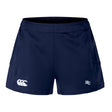 The Holy Cross Women's Advantage Short 2.0 by EMB Canterbury features a navy design, elastic waistband, white Canterbury logo on the left leg, "HC" emblem on the right, and is made with recycled content for enhanced performance and sustainability.